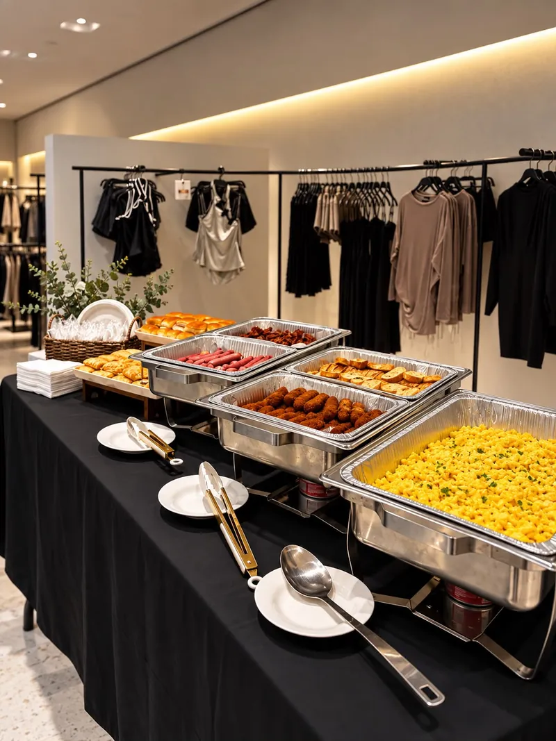 Línea de buffet de desayuno montada en una tienda: bandejas calientes con revoltillo, sorullos, tostadas y embutidos sobre mantel negro.