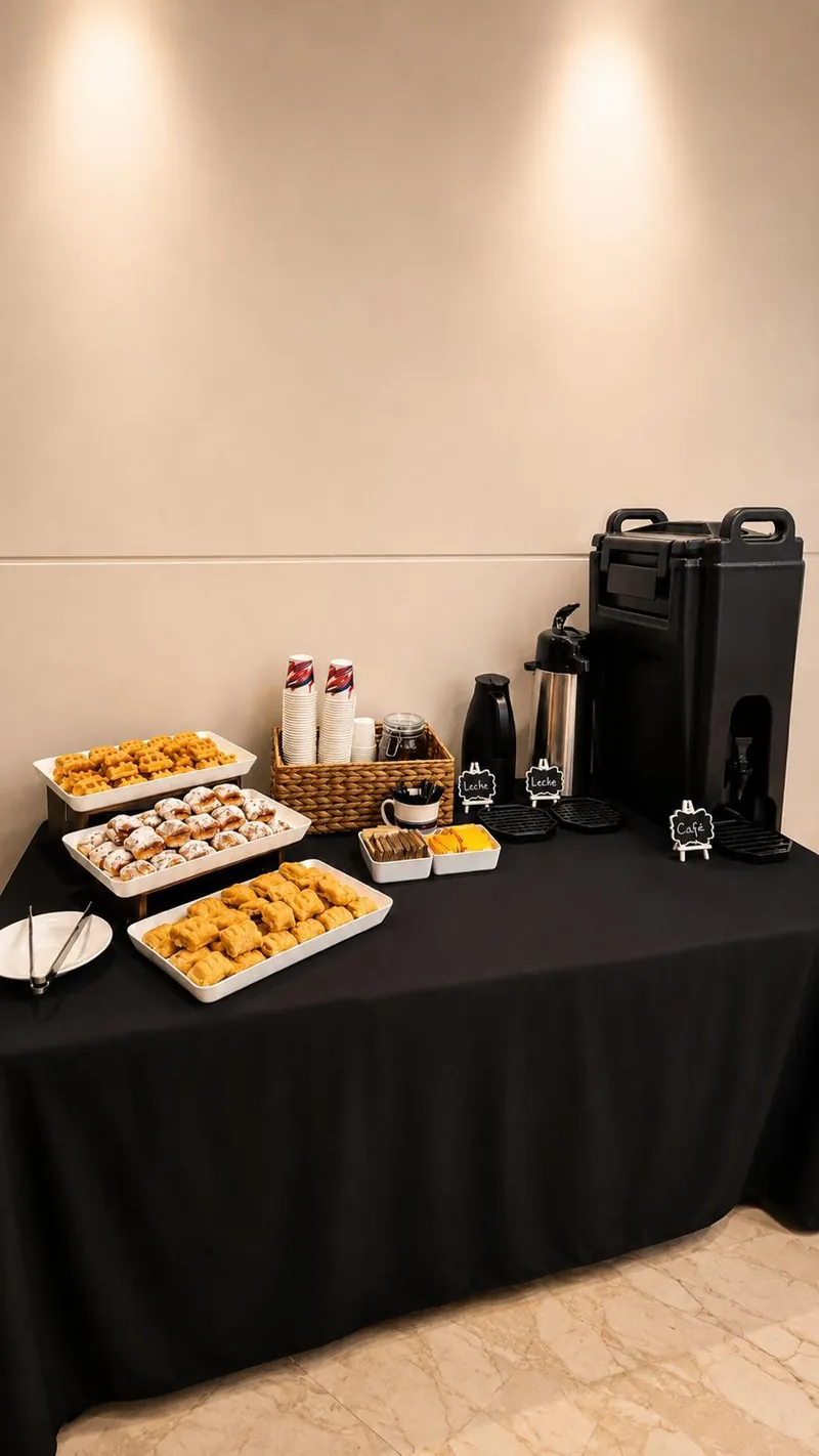 Estación de café sobre mantel negro: termo grande y bomba de café con rótulos de pizarra de Café y Leche, vasos apilados, azúcar y removedores, y tres bandejas de quesitos y pastelillos.