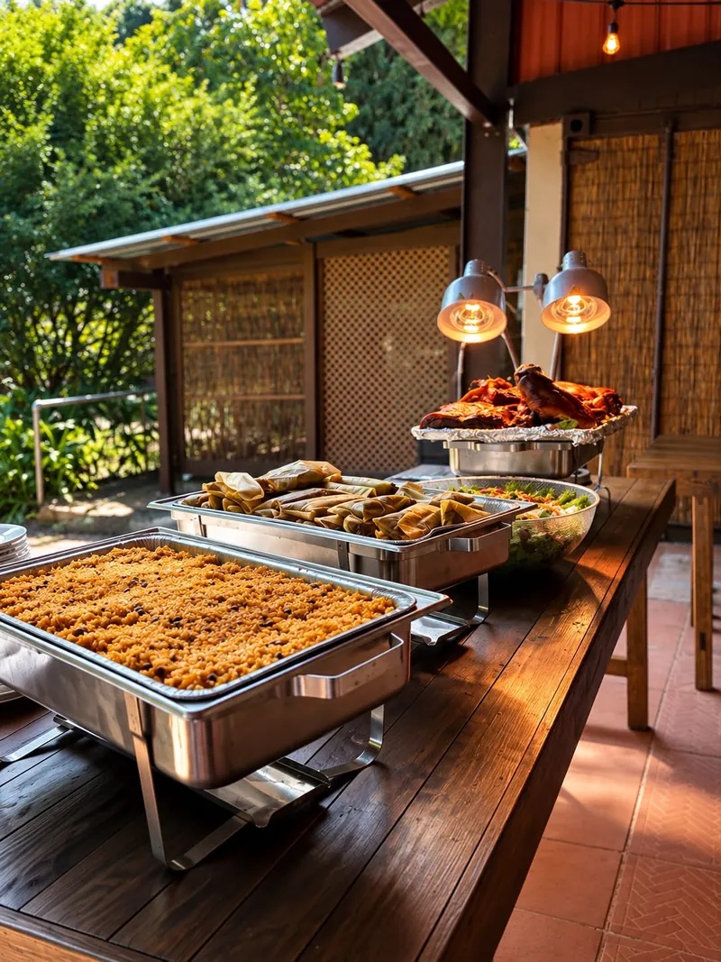 Buffet al aire libre sobre mesa de madera: bandeja de arroz con gandules, pasteles en hoja, ensalada y lechón entero bajo lámparas de calor, con el jardín al fondo.